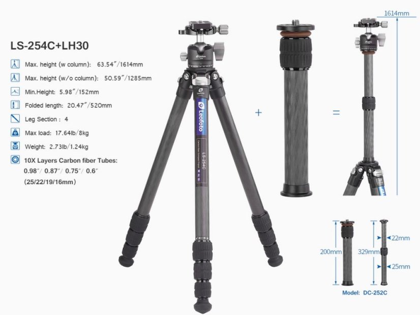 Leofoto - karbonový stativ Ranger LS-254 + kulová hlava LH-30 (8kg/128cm)