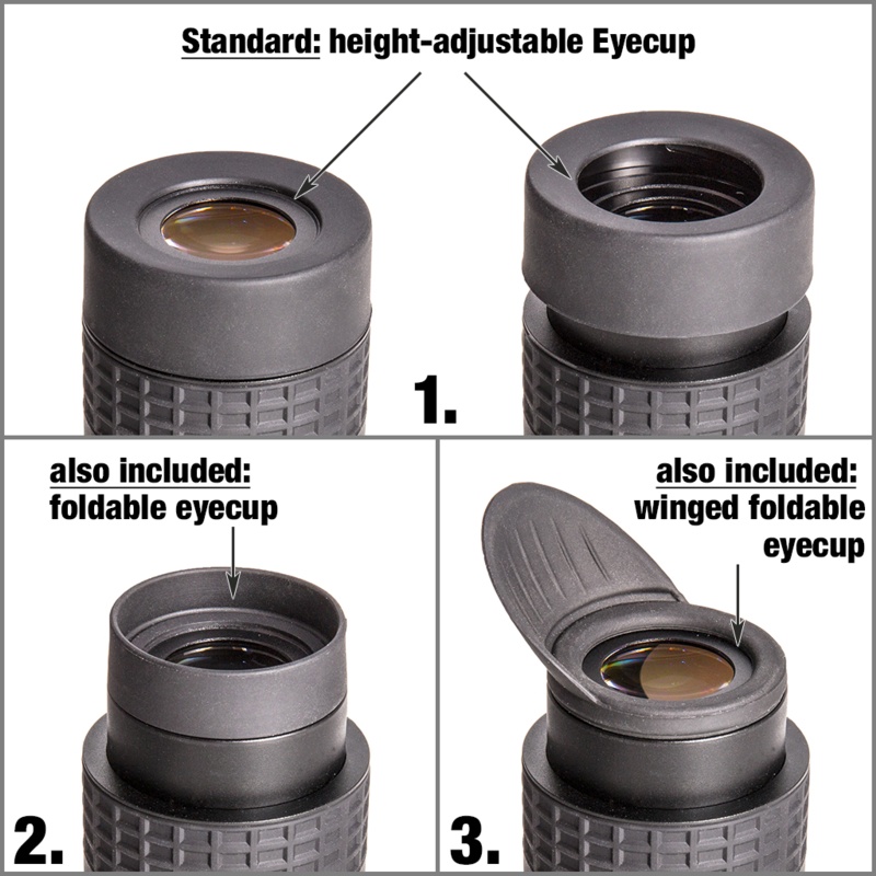 Okulár je dodávaný se třemi různými vyměnitelnými očnicemi