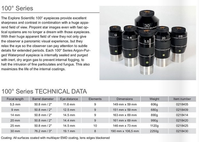 Okulár Explore Scientific 100° Ar 25mm (2")