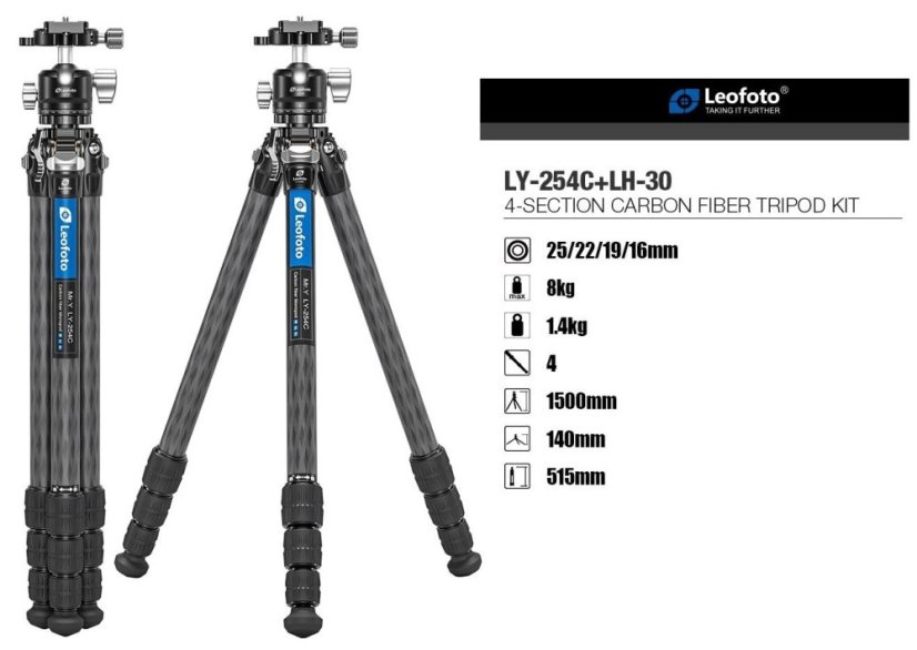 Leofoto - karbonový stativ Mr.Y L254 + hlava LH-30 (8kg/150cm)