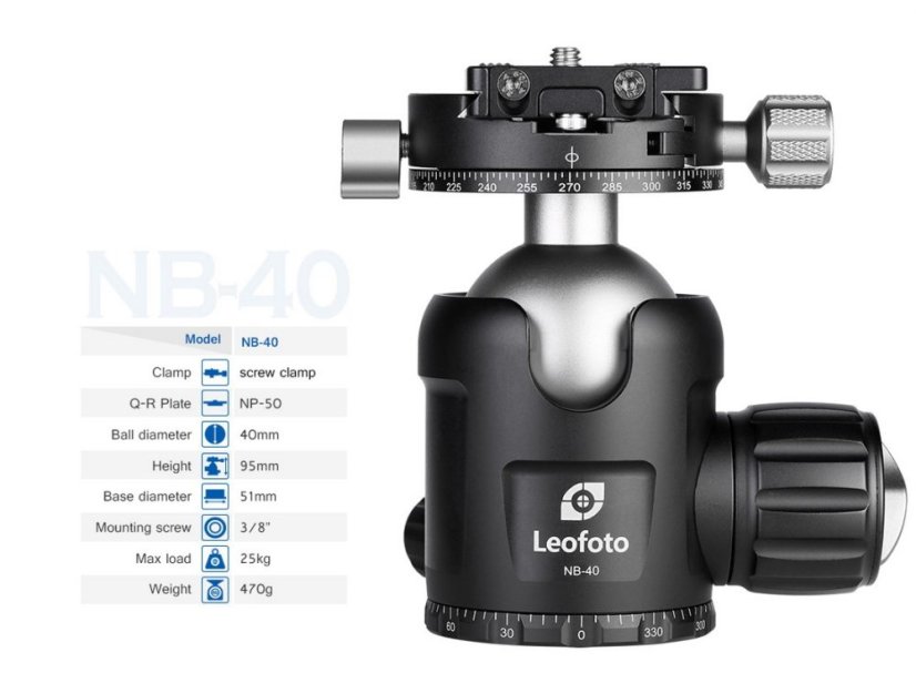Leofoto - kulová hlava NB-40 + NP-50 (25kg) dual panorama