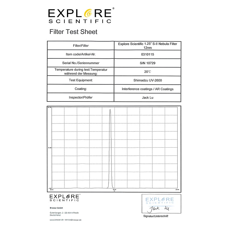 EXPLORE SCIENTIFIC S-II Nebula Filter 12nm (1,25")