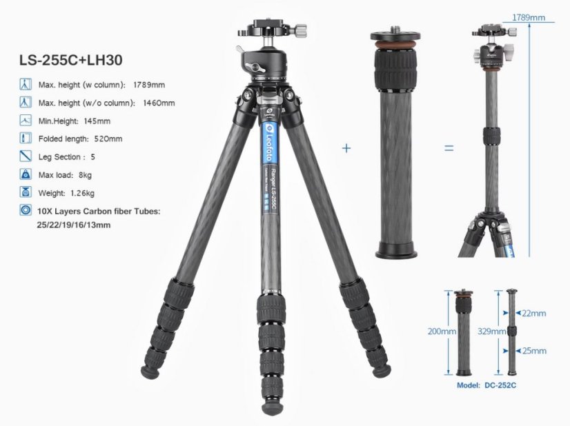 Leofoto - karbonový stativ Ranger LS-255 + kulová hlava LH-30 (8kg/179cm)