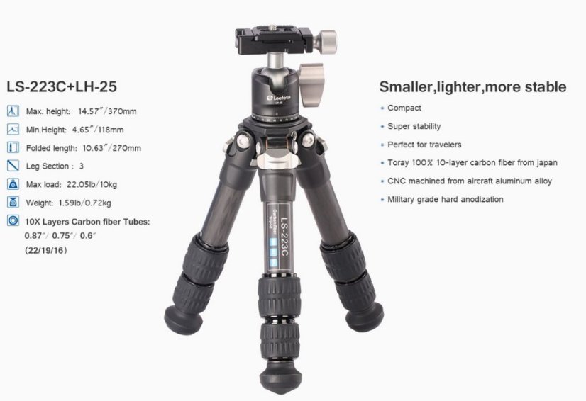 Leofoto - karbonový stativ Ranger LS-223C + LH-25 (10kg/12-37cm)