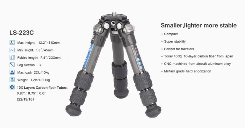 Leofoto - karbonový stativ Ranger LS-223C (10kg/5-31cm)