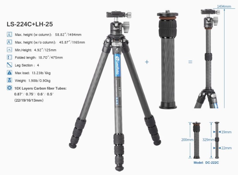 Leofoto - karbonový stativ Ranger LS-224 + kulová hlava LH-25 (6kg/149cm)