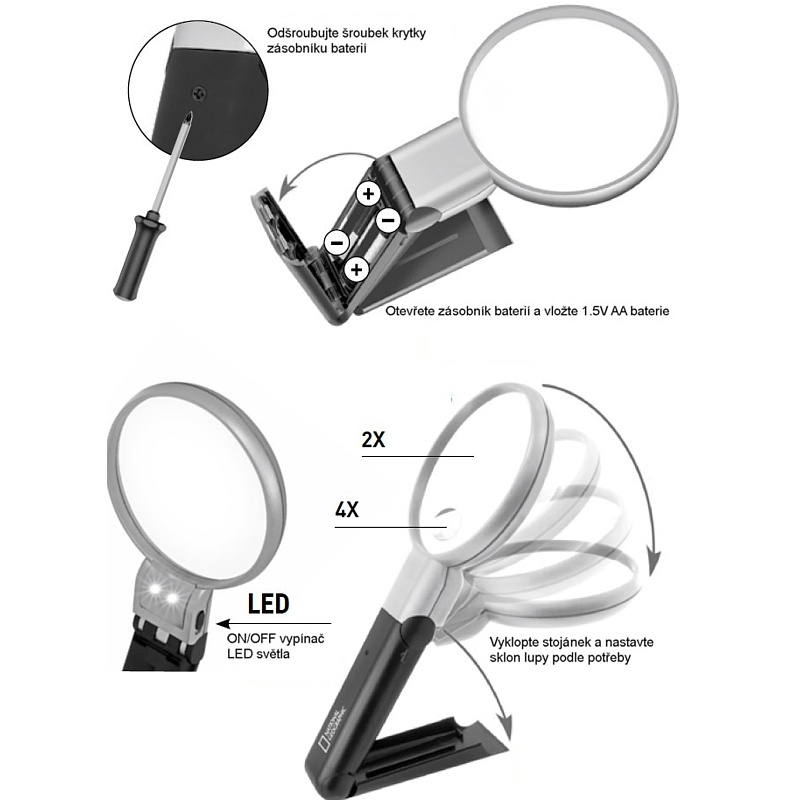 Příruční lupa 2x/4x s LED světlem a stojánkem