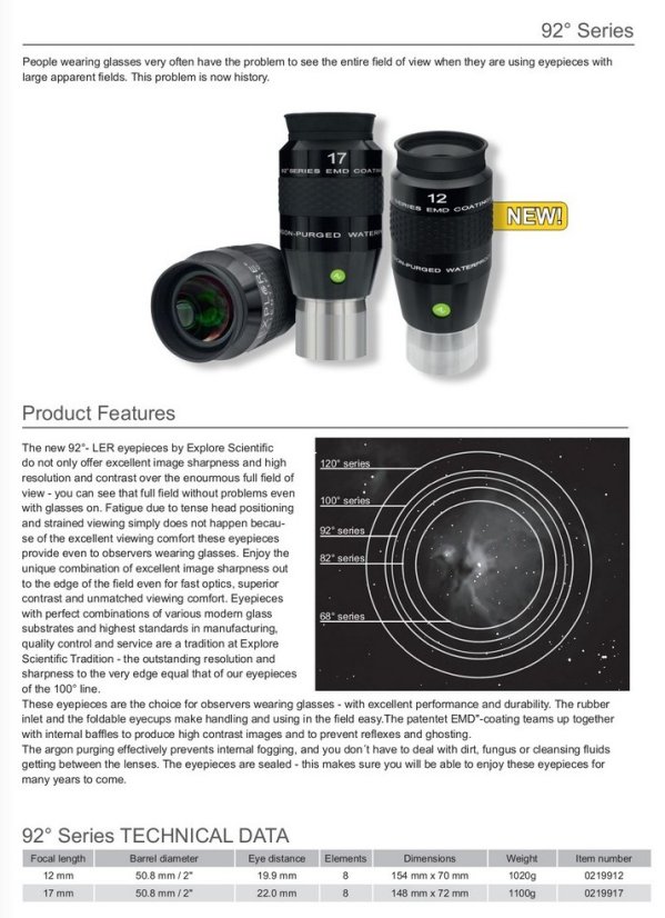 Širokoúhlý okulár Explore Scientific 17mm/92° LER (2")